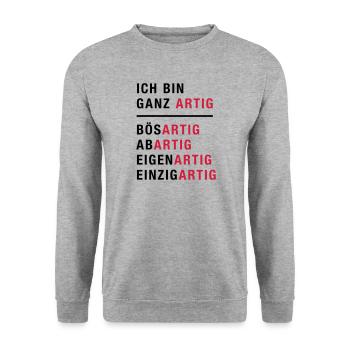 Spruch, Ich bin ganz artig - Unisex Pullover - Weißgrau meliert - Vorne - Alina (178cm) & Michal (187cm)