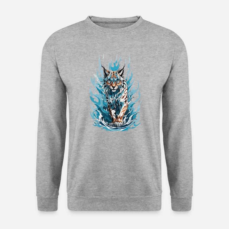 Majestätischer Luchs in blauen Flammen - Unisex Pullover - Weißgrau meliert
