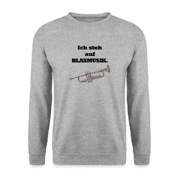 Ich stehe aufs blasen! Auf Blasmusik - Unisex Pullover - Weißgrau meliert - Vorne - Alina (178cm) & Michal (187cm)