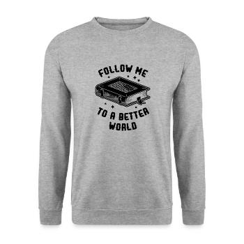 Follow me to a better world Buch Liebhaber Design - Unisex Pullover - Weißgrau meliert - Vorne - Alina (178cm) & Michal (187cm)