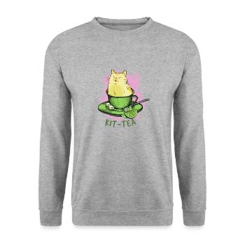 Lustige Katze sitzt in Tee Tassekinderkitten - Unisex Pullover - Weißgrau meliert - Vorne - Alina (178cm) & Michal (187cm)