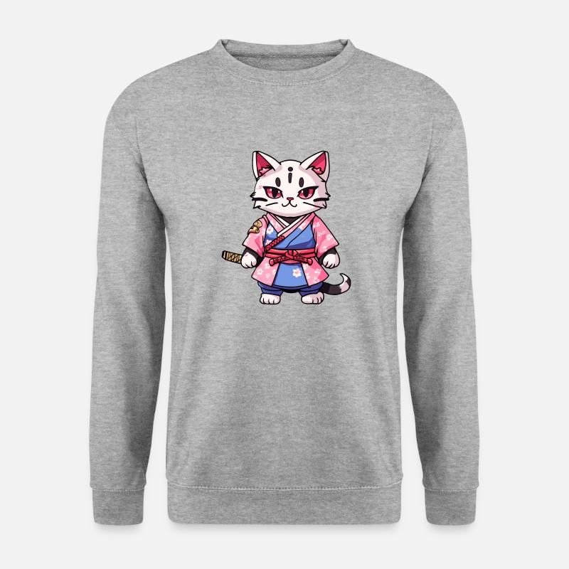 Samurai Katze & Kirschblüten #14 - Unisex Pullover - Weißgrau meliert