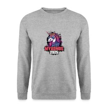 Mykonos 2025 Einhorn - Unisex Pullover - Weißgrau meliert - Vorne - Alina (178cm) & Michal (187cm)