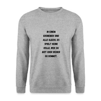 In einem Erdbeben sind alle gleich. Es spielt kein - Unisex Pullover - Weißgrau meliert - Vorne - Alina (178cm) & Michal (187cm)