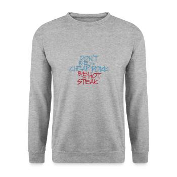 Cheap Pork Hot Steak - Schwein Steak - Unisex Pullover - Weißgrau meliert - Vorne - Alina (178cm) & Michal (187cm)
