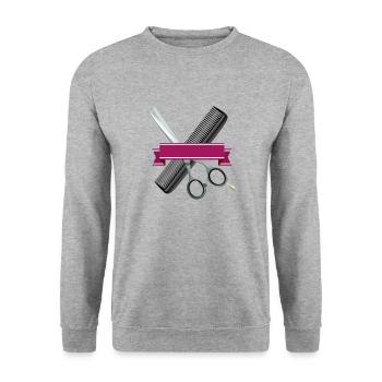 Friseurschere mit Kamm und lila Band - Unisex Pullover - Weißgrau meliert - Vorne - Alina (178cm) & Michal (187cm)