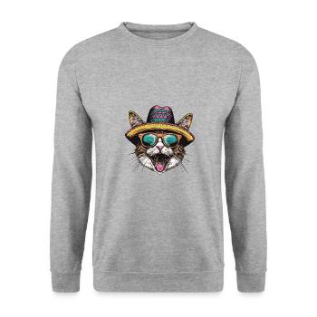 Katze Comic Lustig Sombrero - Unisex Pullover - Weißgrau meliert - Vorne - Alina (178cm) & Michal (187cm)