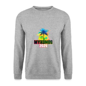 Mykonos 2025 Bunt Palmen - Unisex Pullover - Weißgrau meliert - Vorne - Alina (178cm) & Michal (187cm)