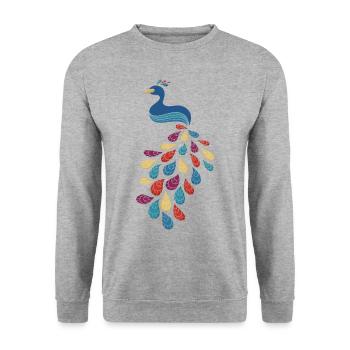 Bunter Pfau - Unisex Pullover - Weißgrau meliert - Vorne - Alina (178cm) & Michal (187cm)