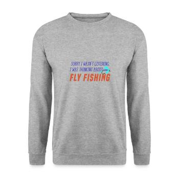 Denken Sie an Fliegenfischen, Naturfischer - Unisex Pullover - Weißgrau meliert - Vorne - Alina (178cm) & Michal (187cm)