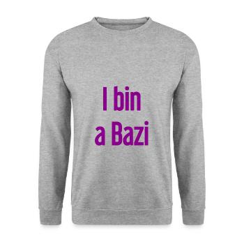 I bin a Bazi – Bayerischer Spruch mit Humor - Unisex Pullover - Weißgrau meliert - Vorne - Alina (178cm) & Michal (187cm)
