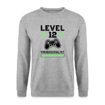 Level 12 Freigeschaltet - 12. Geburtstag - Unisex Pullover - Weißgrau meliert - Vorne - Alina (178cm) & Michal (187cm)