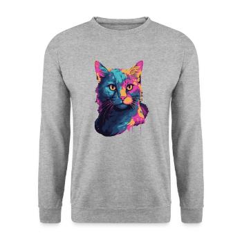 Aquarell Katze Watercolor Cat bunt Catlady miau - Unisex Pullover - Weißgrau meliert - Vorne - Alina (178cm) & Michal (187cm)