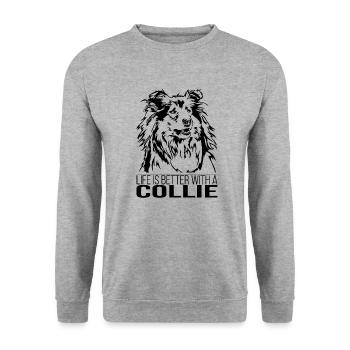 Langhaar Collie life is better Hunde Wilsigns - Unisex Pullover - Weißgrau meliert - Vorne - Alina (178cm) & Michal (187cm)