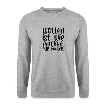 Wollen ist wie machen nur fauler - Unisex Pullover - Weißgrau meliert - Vorne - Alina (178cm) & Michal (187cm)