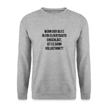 Wenn der Blitz in ein E Auto einschlägt getankt - Unisex Pullover - Weißgrau meliert - Vorne - Alina (178cm) & Michal (187cm)