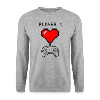Pixel Love Herz und Joystik Player 1 Pärchen Motiv - Unisex Pullover - Weißgrau meliert - Vorne - Alina (178cm) & Michal (187cm)