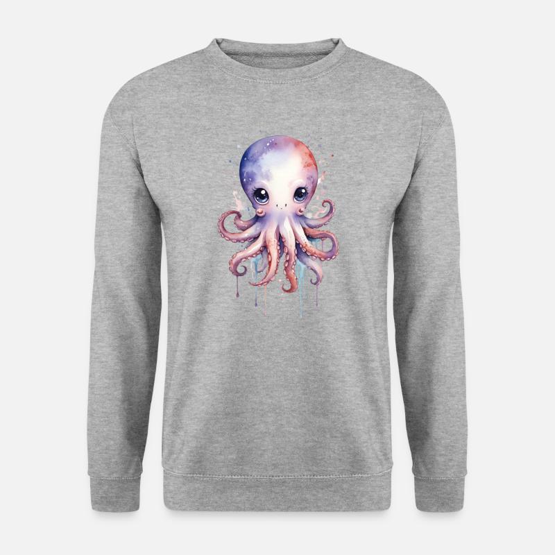 Kawaii Aquarell Oktopus - Entzückendes Meerestier - Unisex Pullover - Weißgrau meliert