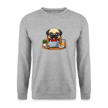 Hund Mops CEO Chef Teamleiter Kaffee Büro - Unisex Pullover - Weißgrau meliert - Vorne - Alina (178cm) & Michal (187cm)