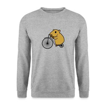 Capybara, das Retro- Fahrrad mit großem Rad fährt - Unisex Pullover - Weißgrau meliert - Vorne - Alina (178cm) & Michal (187cm)