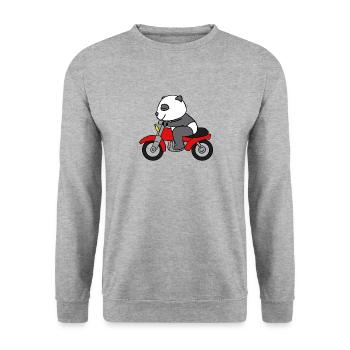 Panda-Reitmotorrad-T-Shirt Lustiges Sichuan - Unisex Pullover - Weißgrau meliert - Vorne - Alina (178cm) & Michal (187cm)