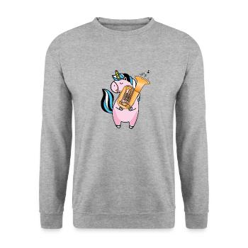 Einhorn spielt Tuba Geschenk für Tuba Spieler - Unisex Pullover - Weißgrau meliert - Vorne - Alina (178cm) & Michal (187cm)