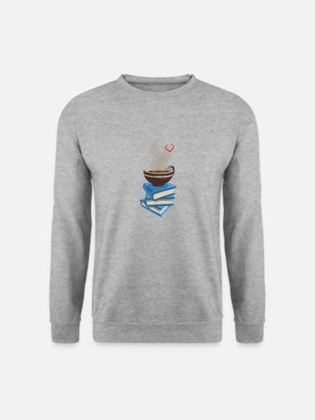 Tasse Kaffee Bücherwurm T-Shirt Geschenk - Unisex Pullover - Weißgrau meliert