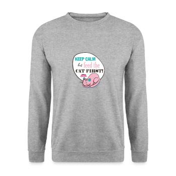 Cat Keep Calm But Feed The CAT FIRST! gift - Unisex Sweatshirt - salt & pepper - Front - Alina (178cm) & Michal (187cm)