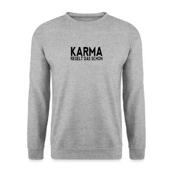 Karma regelt das schon black Geschenkidee Party - Unisex Pullover - Weißgrau meliert - Vorne - Alina (178cm) & Michal (187cm)
