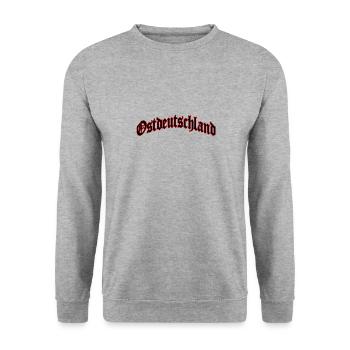 "Ostdeutschland" in Schwarz mit rotem Rand - Unisex Pullover - Weißgrau meliert - Vorne - Alina (178cm) & Michal (187cm)