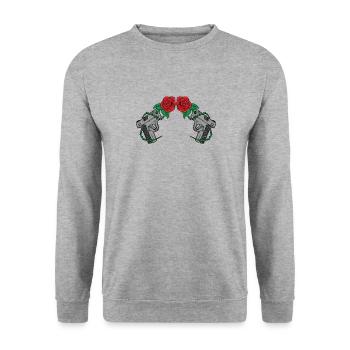Gun Roses Rosen Pistole Waffe Rose no war anti war - Unisex Pullover - Weißgrau meliert - Vorne - Alina (178cm) & Michal (187cm)