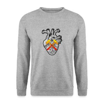 Der Herzschlag des Kumpels mit Schlägel & Eisen. - Unisex Pullover - Weißgrau meliert - Vorne - Alina (178cm) & Michal (187cm)