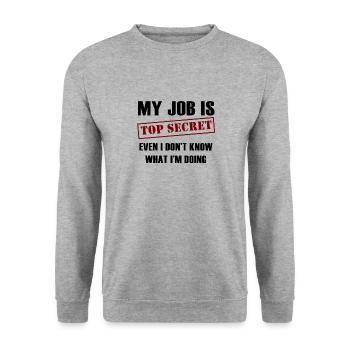 Mein Job ist streng geheim, auch wenn ich nicht weiß, was ich bin - Unisex Pullover - Weißgrau meliert - Vorne - Alina (178cm) & Michal (187cm)
