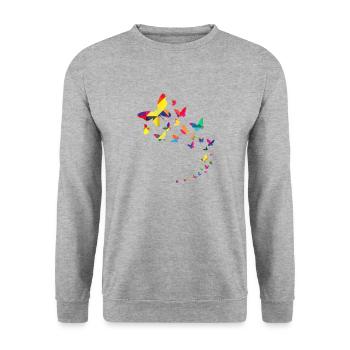 Schmetterlinge im Flug geometrisch - Unisex Pullover - Weißgrau meliert - Vorne - Alina (178cm) & Michal (187cm)