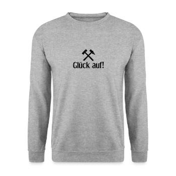 Glück auf | Ruhrgebiet, Ruhrpott, Zeche, Bergbau - Unisex Pullover - Weißgrau meliert - Vorne - Alina (178cm) & Michal (187cm)