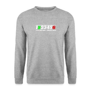 Lustiger Spruch Motorrad Gänge - Unisex Pullover - Weißgrau meliert - Vorne - Alina (178cm) & Michal (187cm)
