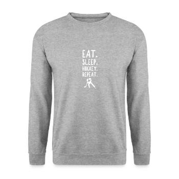 Eat. Sleep. Hockey. Repeat. Eishockey Teamsport - Unisex Pullover - Weißgrau meliert - Vorne - Alina (178cm) & Michal (187cm)
