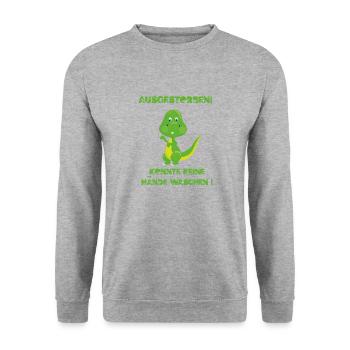 Ein lustiges Dino Hygiene Shirt mit dem Spruch Aus - Unisex Pullover - Weißgrau meliert - Vorne - Alina (178cm) & Michal (187cm)