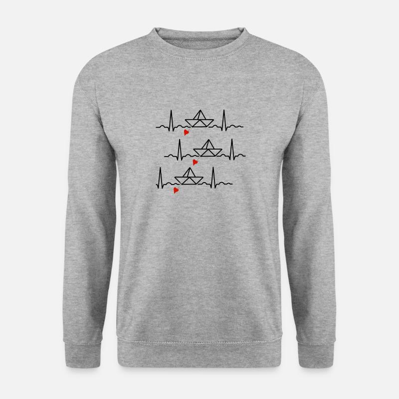 Papierschiffchen mit Herz und Herzschlag Boot - Unisex Pullover - Weißgrau meliert
