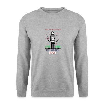 Je vis peut-être dans ce pays mais je suis né au Royaume-Uni - Sweat-shirt Unisexe - gris chiné - Devant - Alina (178cm) & Michal (187cm)