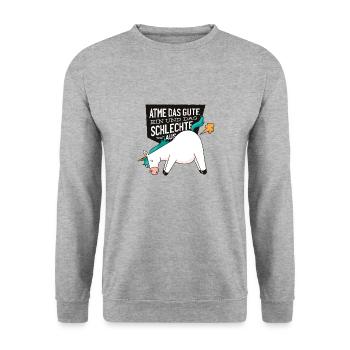 Einhorn Atme das gute ein und das schlechte aus - Unisex Pullover - Weißgrau meliert - Vorne - Alina (178cm) & Michal (187cm)