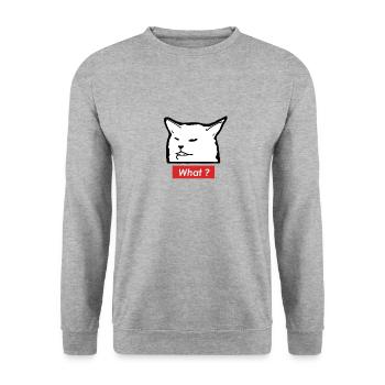 Meme Cat "What" – Black and White Design - Unisex Sweatshirt - salt & pepper - Front - Alina (178cm) & Michal (187cm)