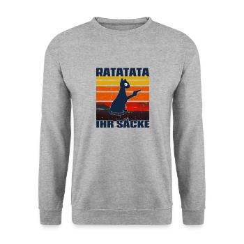 Ratatata Ihr Säcke - Vintage Crazy Cat Retro Tee - Unisex Pullover - Weißgrau meliert - Vorne - Alina (178cm) & Michal (187cm)