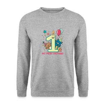 Anniversaire bébé - 1er anniversaire ours et chat - Sweat-shirt Unisexe - gris chiné - Devant - Alina (178cm) & Michal (187cm)
