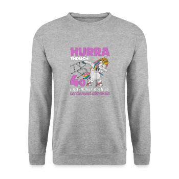 40. Geburtstag 40 Jahre Einhorn mit Rollator Stock - Unisex Pullover - Weißgrau meliert - Vorne - Alina (178cm) & Michal (187cm)