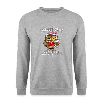 EULE MORGENMUFFEL ZUM GLÜCK GIBT ES KAFFEE - Unisex Pullover - Weißgrau meliert - Vorne - Alina (178cm) & Michal (187cm)