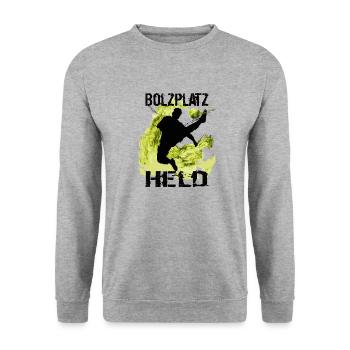 Bolzplatz Held Fussball designe kicker geschenk - Unisex Pullover - Weißgrau meliert - Vorne - Alina (178cm) & Michal (187cm)