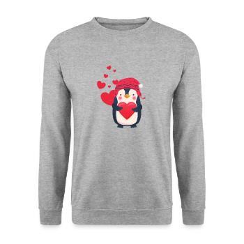 Pingouin mignon avec coeur célèbre l'amour - Sweat-shirt Unisexe - gris chiné - Devant - Alina (178cm) & Michal (187cm)