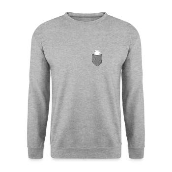 Brusttasche mit lustiger weißer Katze Stinkefinger - Unisex Pullover - Weißgrau meliert - Vorne - Alina (178cm) & Michal (187cm)
