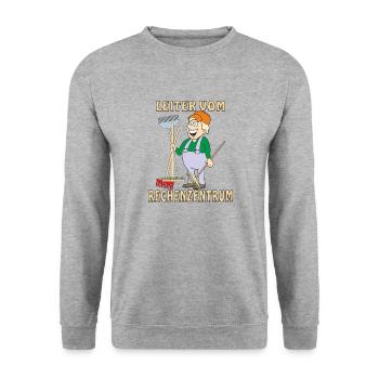 MENSCH COMIC LEITER VOM RECHENZENTRUM - Unisex Pullover - Weißgrau meliert - Vorne - Alina (178cm) & Michal (187cm)
